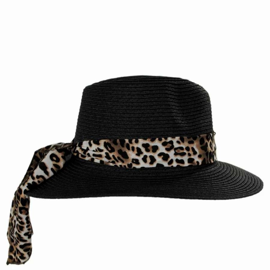 Outdoors * | Gabon Leopard Scarf Toyo Straw Fedora Hat